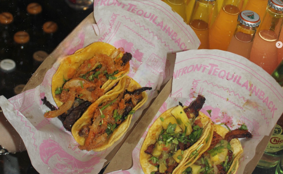 Pho-Kin pulled chicken taco with kimchi slaw, hoisin, and wonton shell at Mas Por Favor in Chinatown Las Vegas