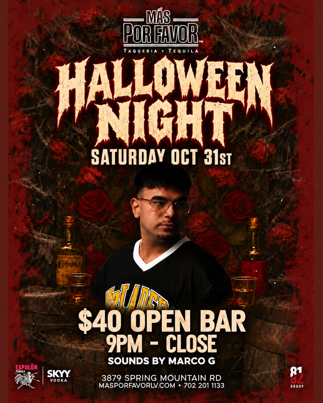 Halloween Night at Más Por Favor – Saturday Oct 31, $40 open bar, 9PM–close, sounds by Marco G